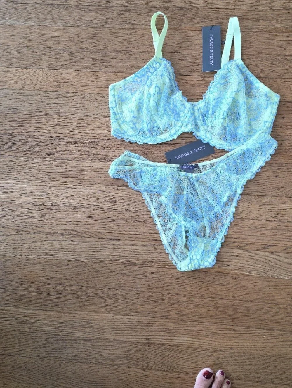 💙SET Savage X Fenty Pastel Yellow and Light Blue Lace Bralette & Bikini